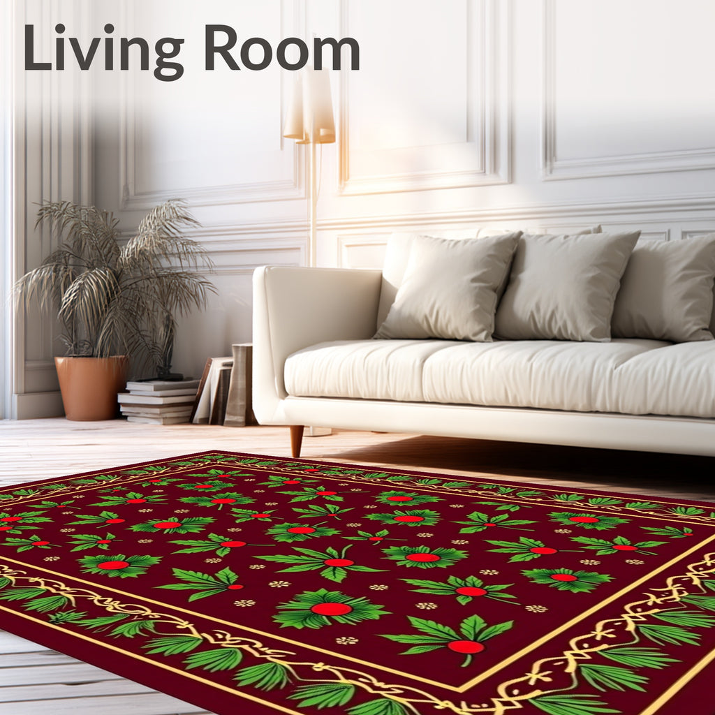 Crimson Green Berry Vine Border Rug