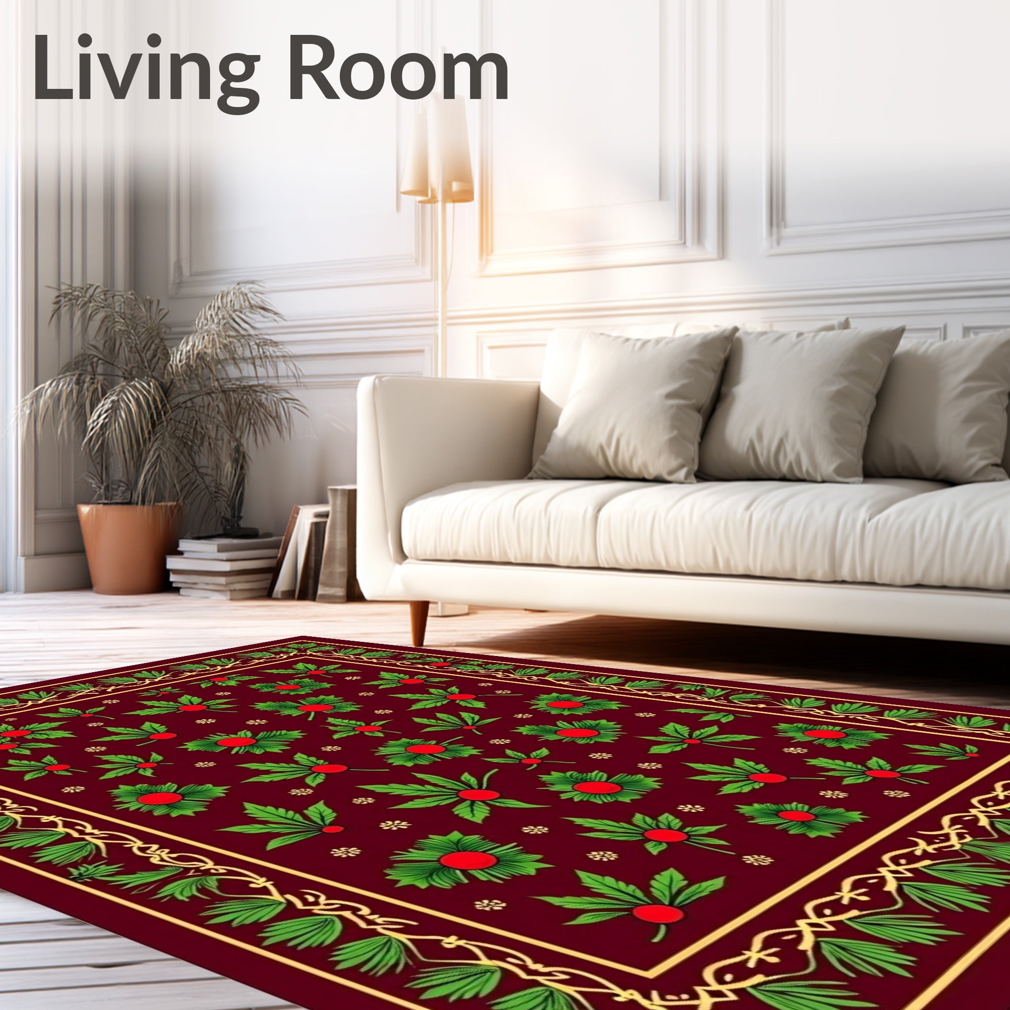Crimson Green Berry Vine Border Rug