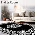 Black White Floral Medallion Border Rug