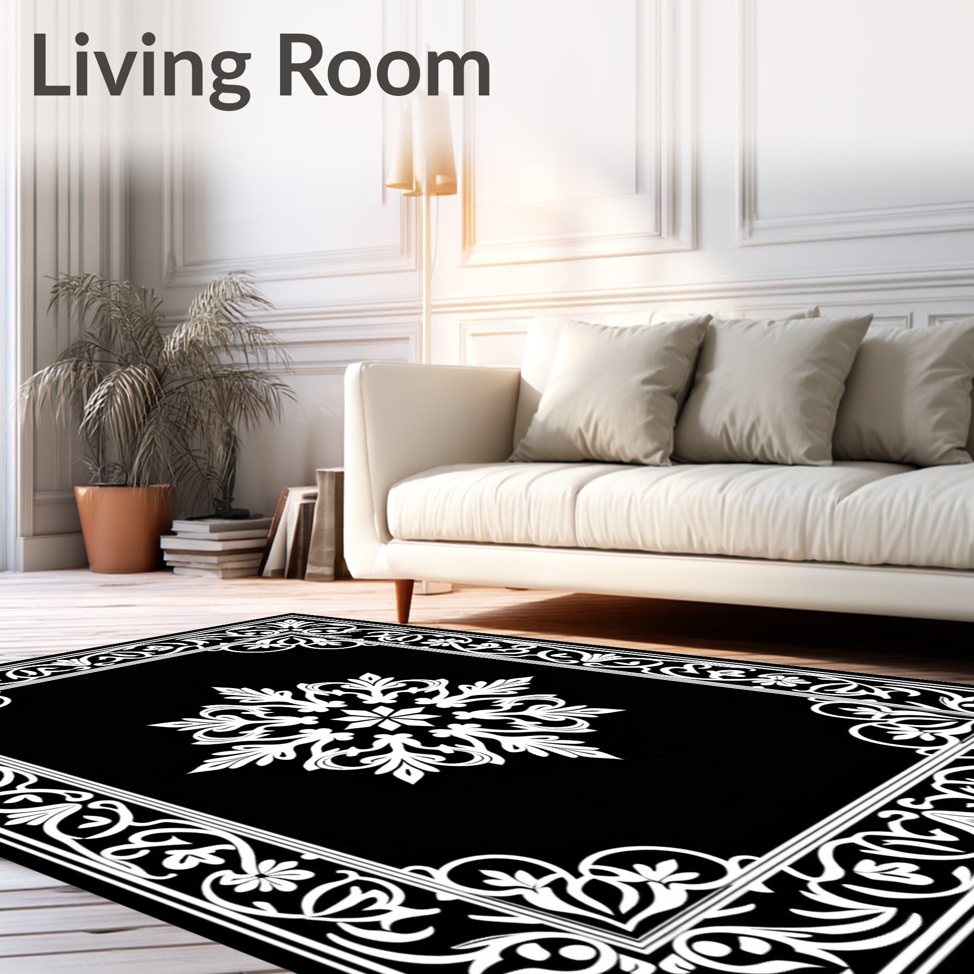Black White Floral Medallion Border Rug