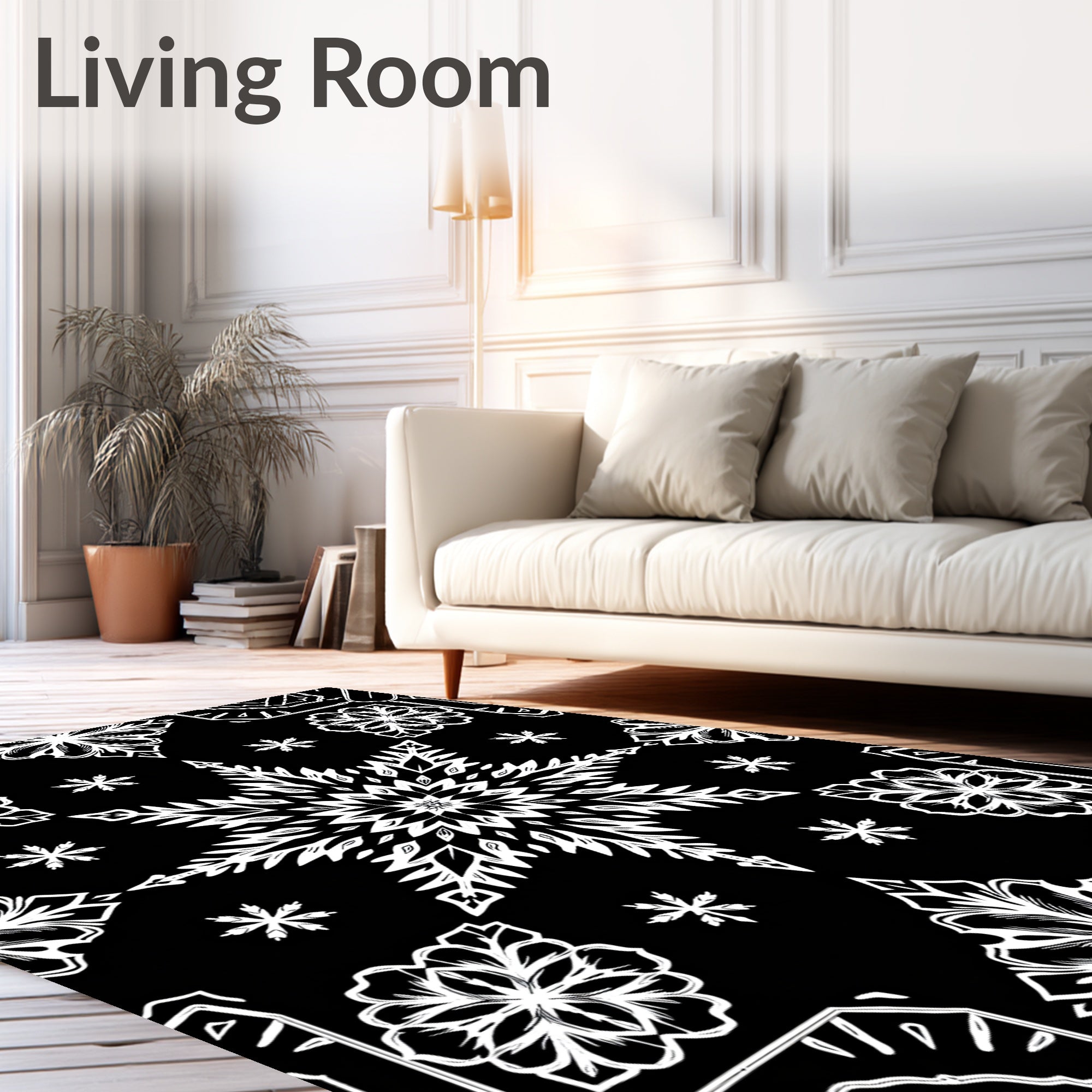 Bold Black White Star Flower Mandala Rug
