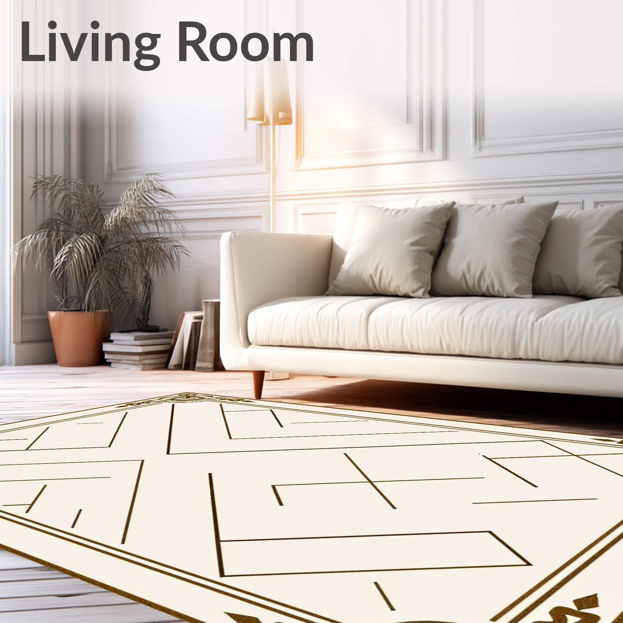 Ornate Beige Geometric Lines Border Rug