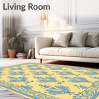 Pale Yellow Blue Scrollwork Botanical Rug