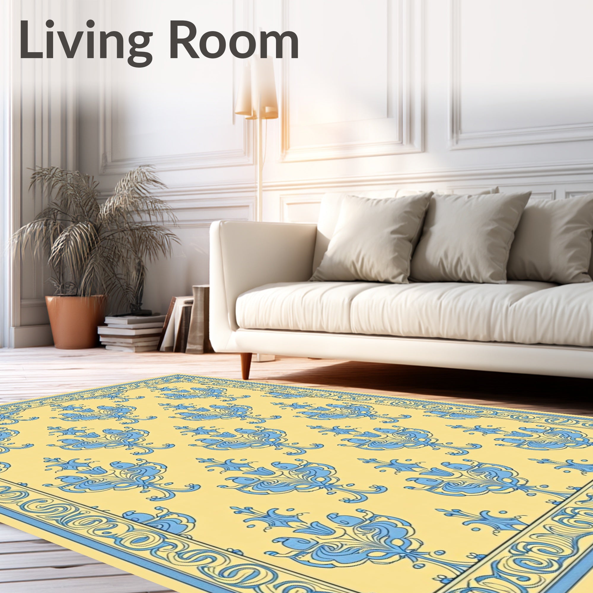 Pale Yellow Blue Scrollwork Botanical Rug