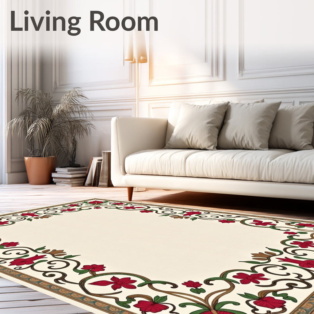 Crimson Floral Vine Border Design Rug