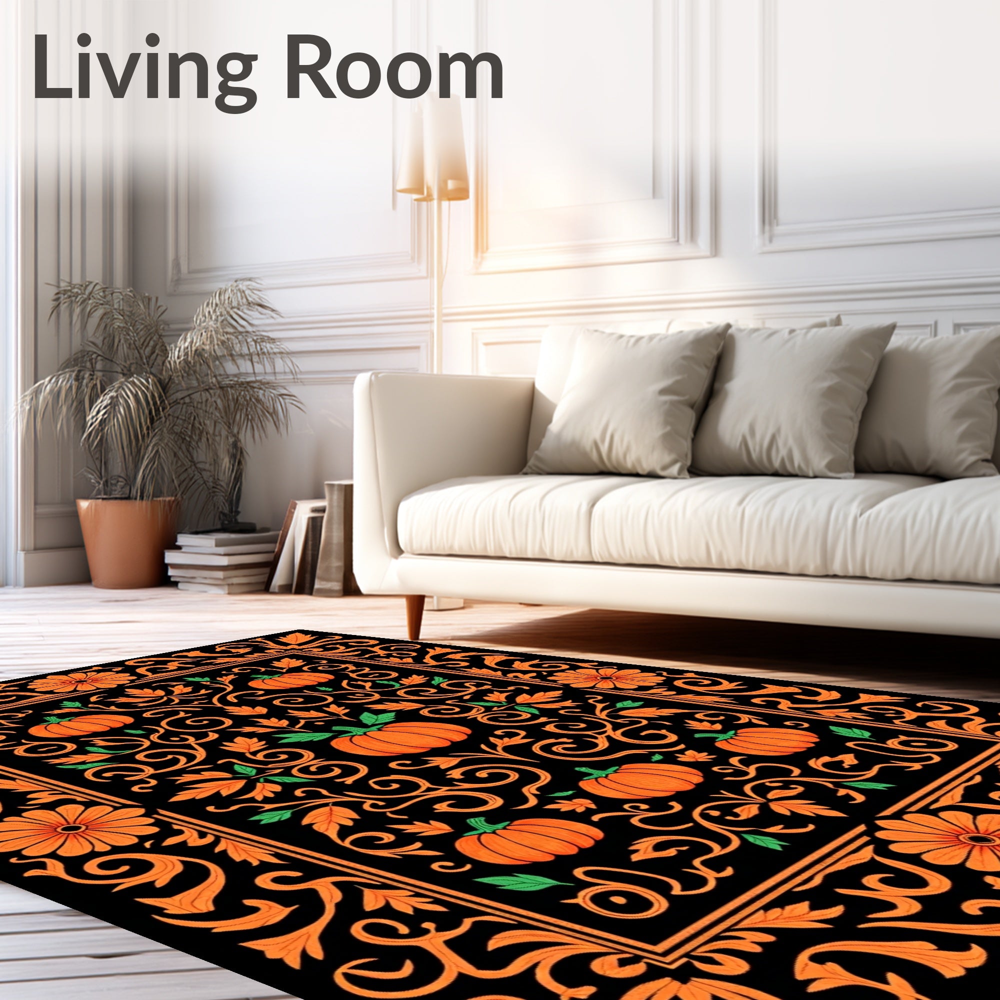 Orange Pumpkin Floral Scrollwork Rectangle Rug