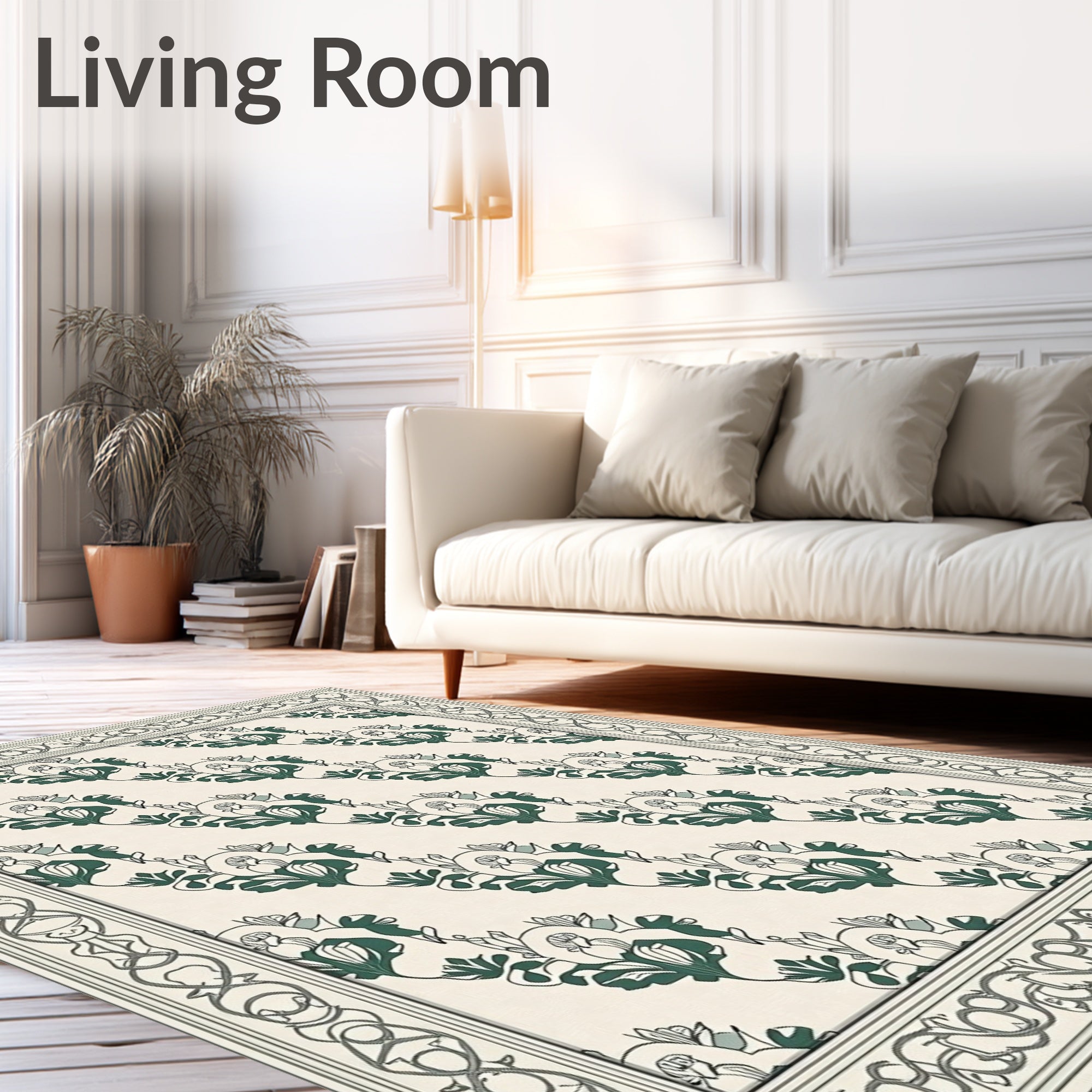 Green Floral Scroll Border Rug