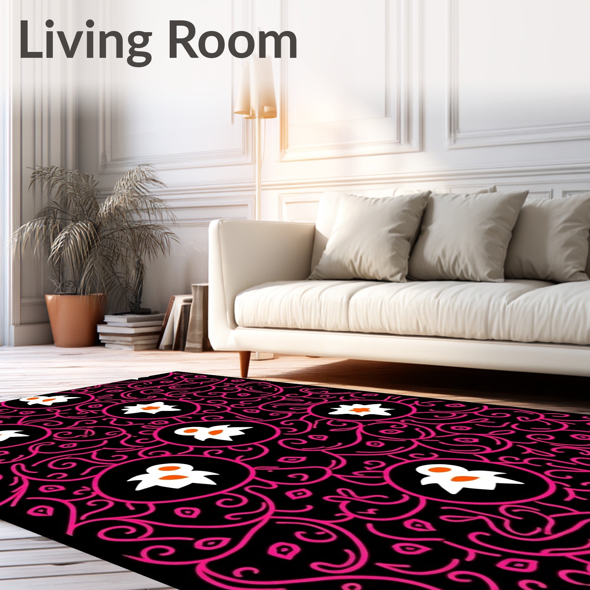 Black Pink Floral Medallion Abstract Rug
