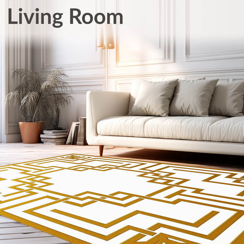 Golden Interlocking Geometric Labyrinth Rug