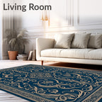 Dark Blue and Gold Filigree Scroll Rug