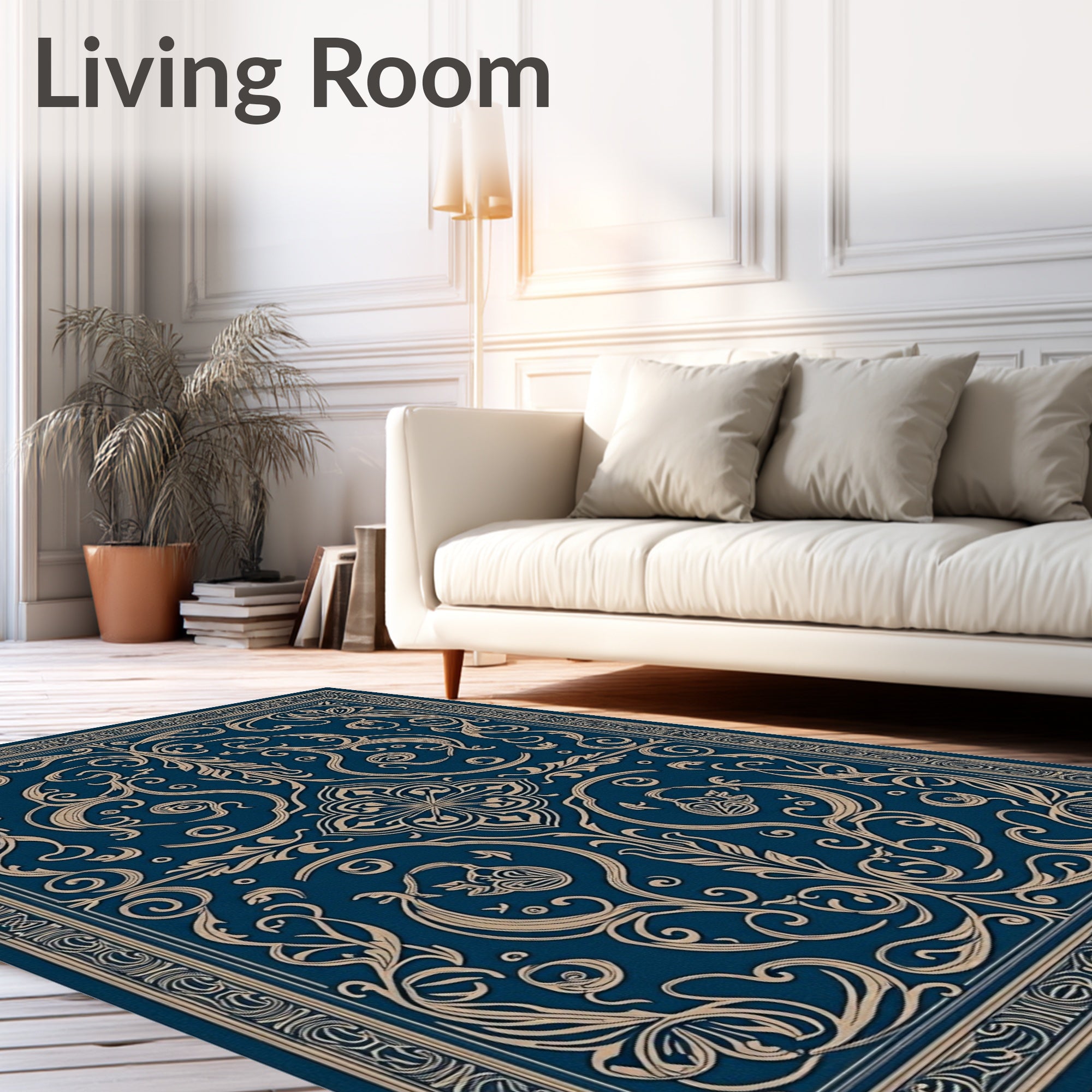 Dark Blue and Gold Filigree Scroll Rug
