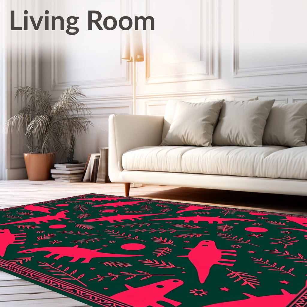 Pink Dinosaurs and Ferns on Dark Green Rug