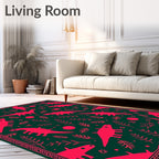 Pink Dinosaurs and Ferns on Dark Green Rug