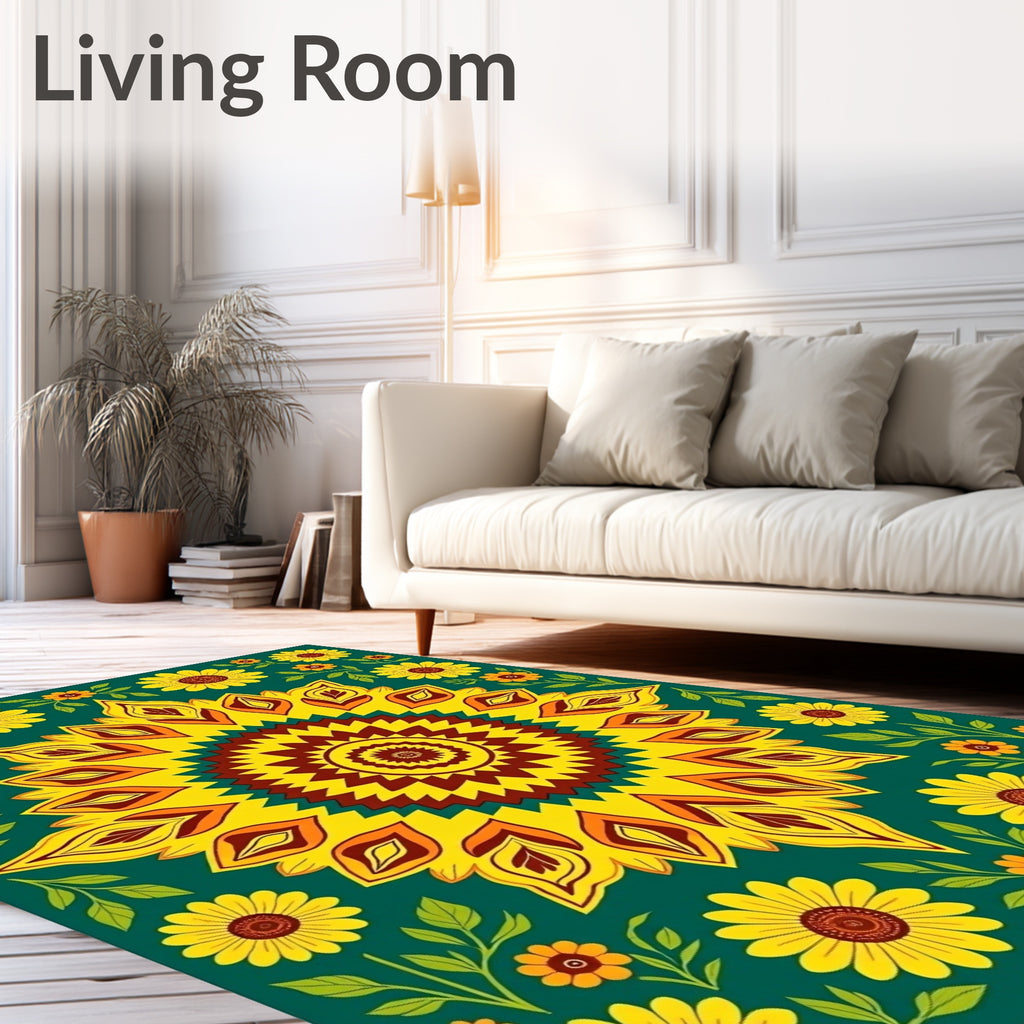 Sunflowers In Teal Mandala Rug