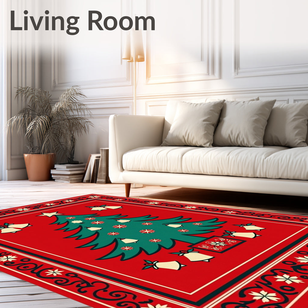 Festive Red Christmas Tree Bell Border Rug