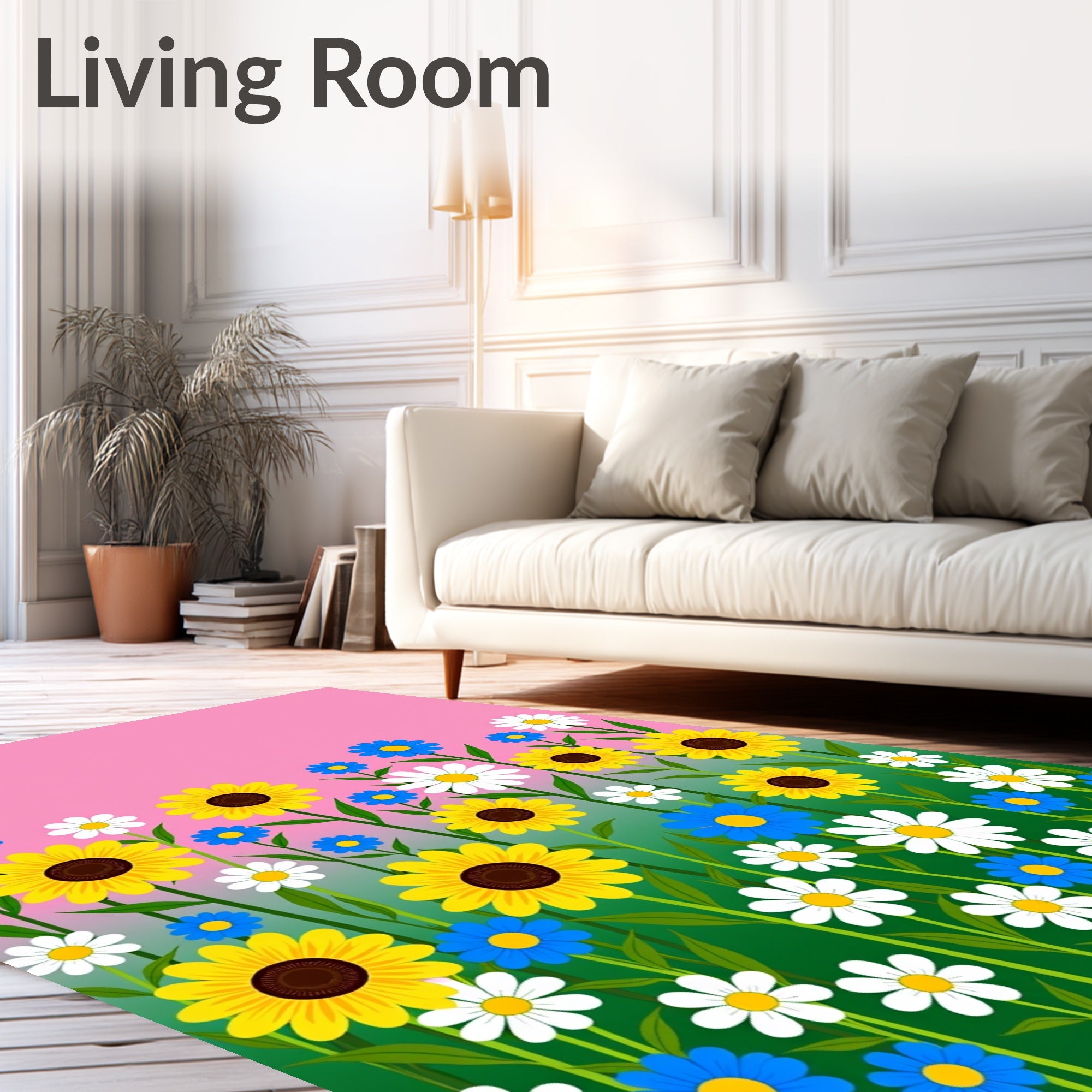 Vibrant Yellow Sunflowers Blue Daisies Field Rug