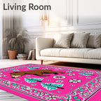 Whimsical Brown Bear Pink Floral Trees Rug