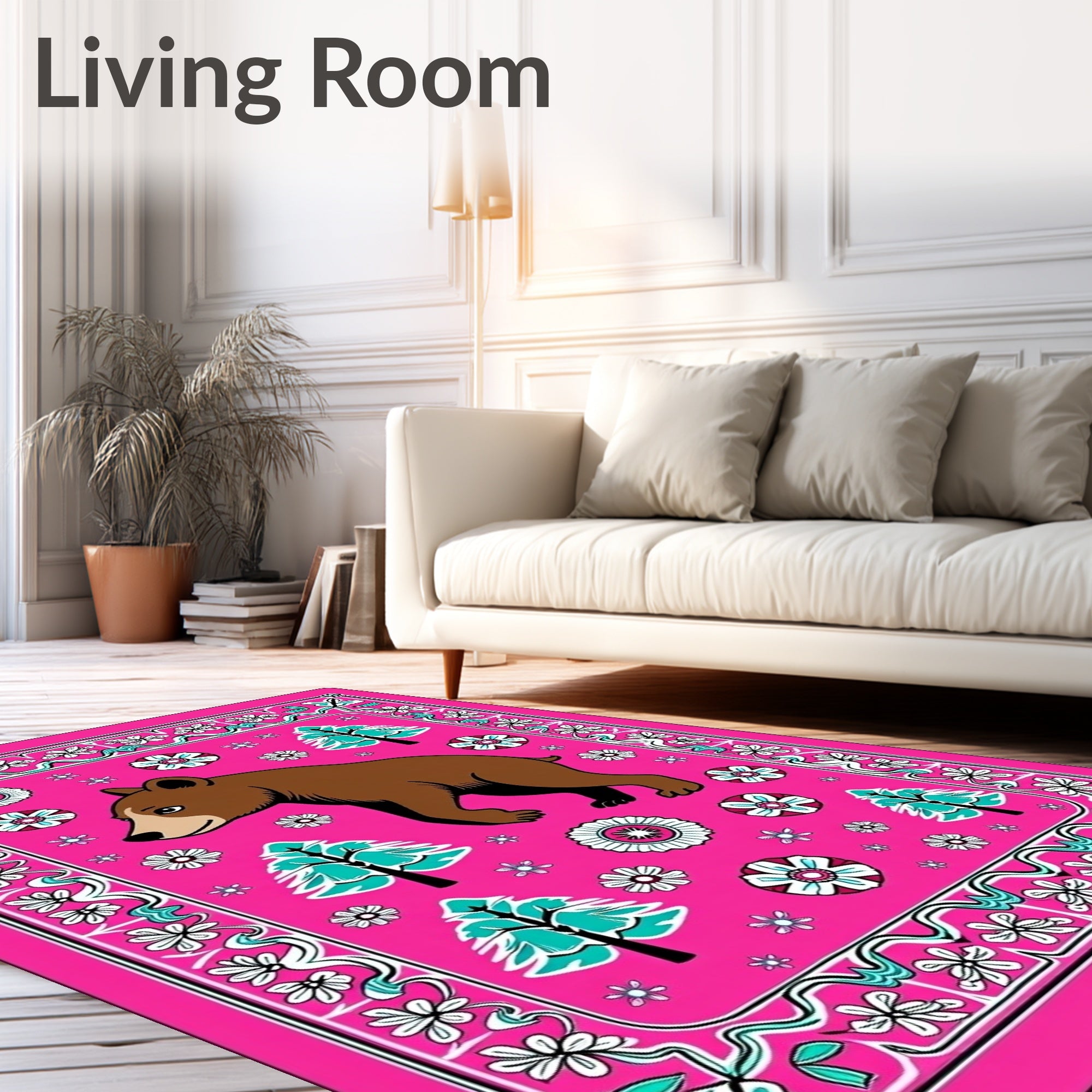 Whimsical Brown Bear Pink Floral Trees Rug