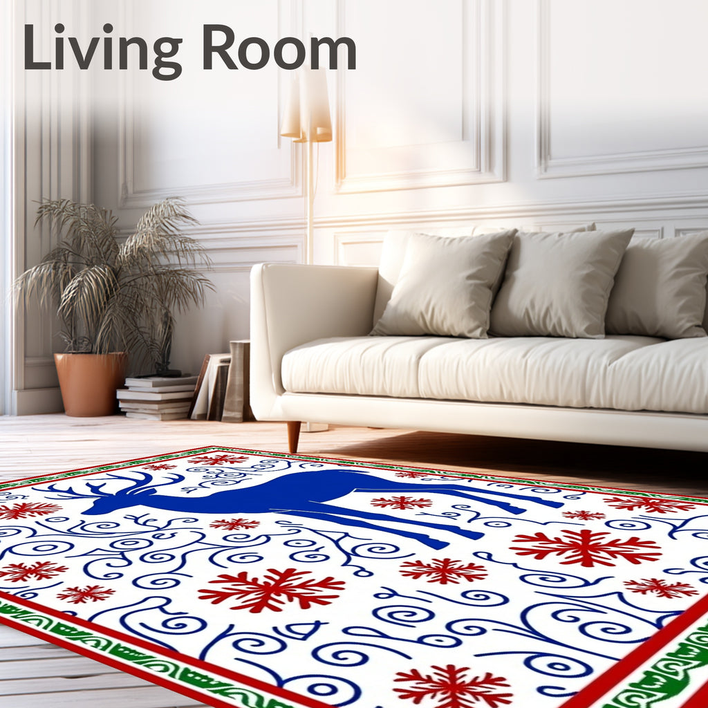 Royal Blue Reindeer Red Snowflake Swirls Rug