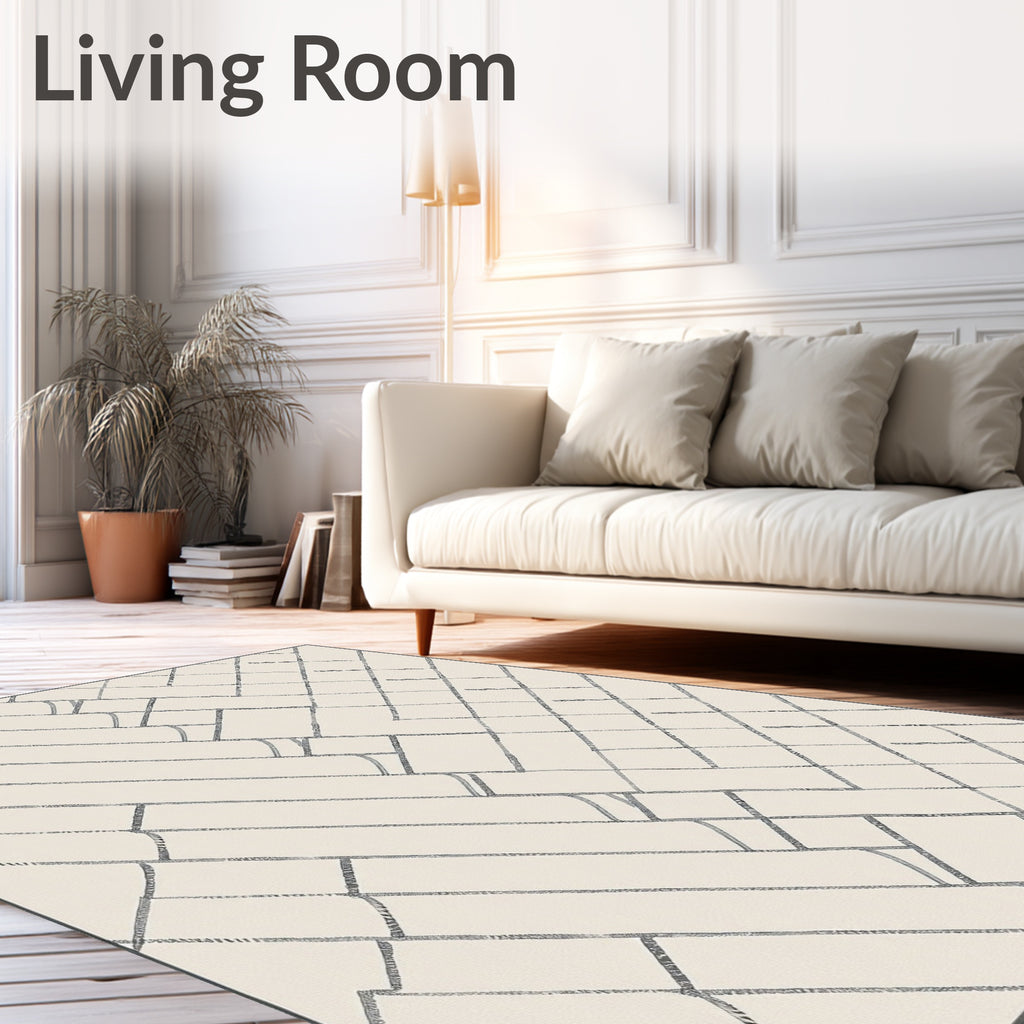 Cream Blue Geometric Intersecting Rectangles Rug