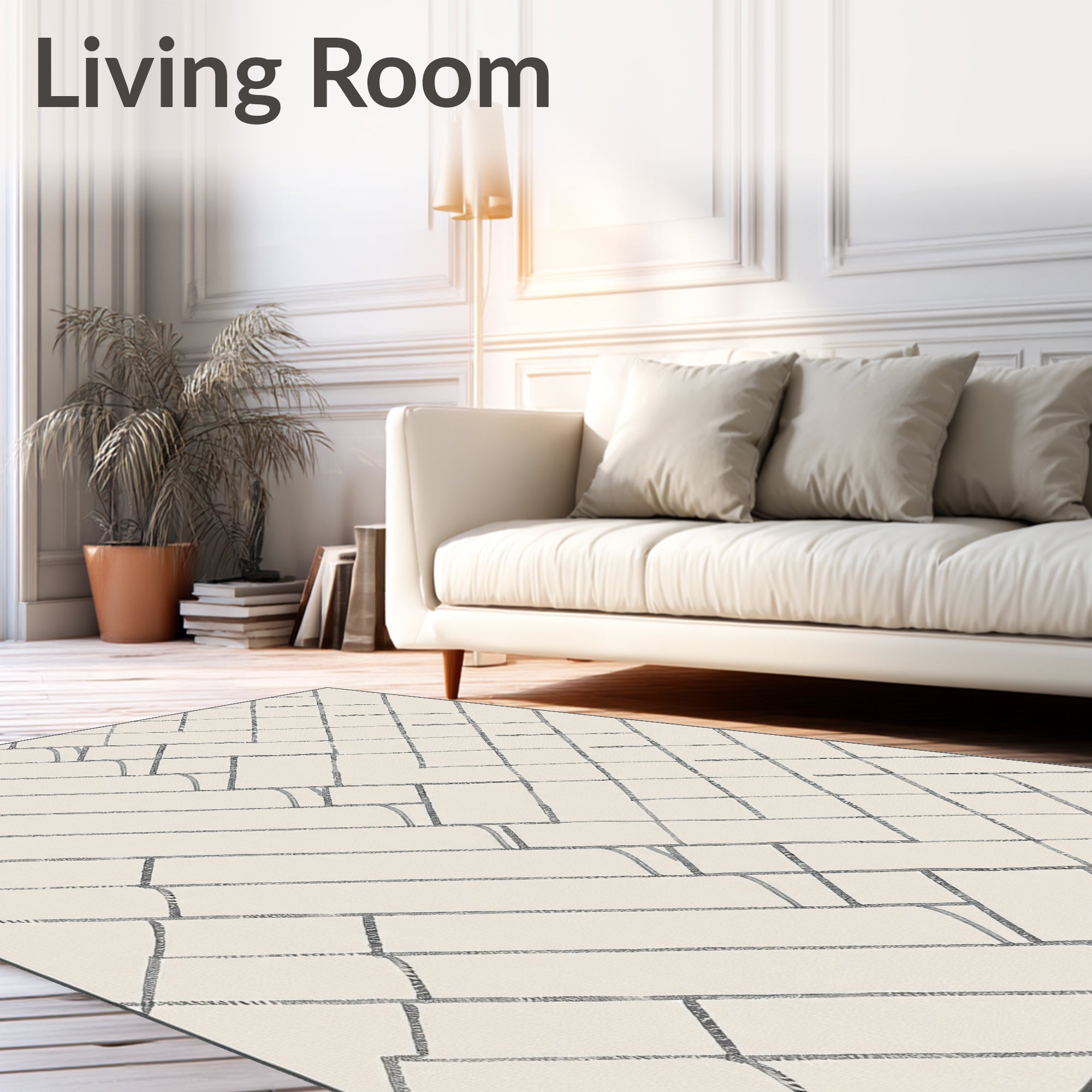 Cream Blue Geometric Intersecting Rectangles Rug