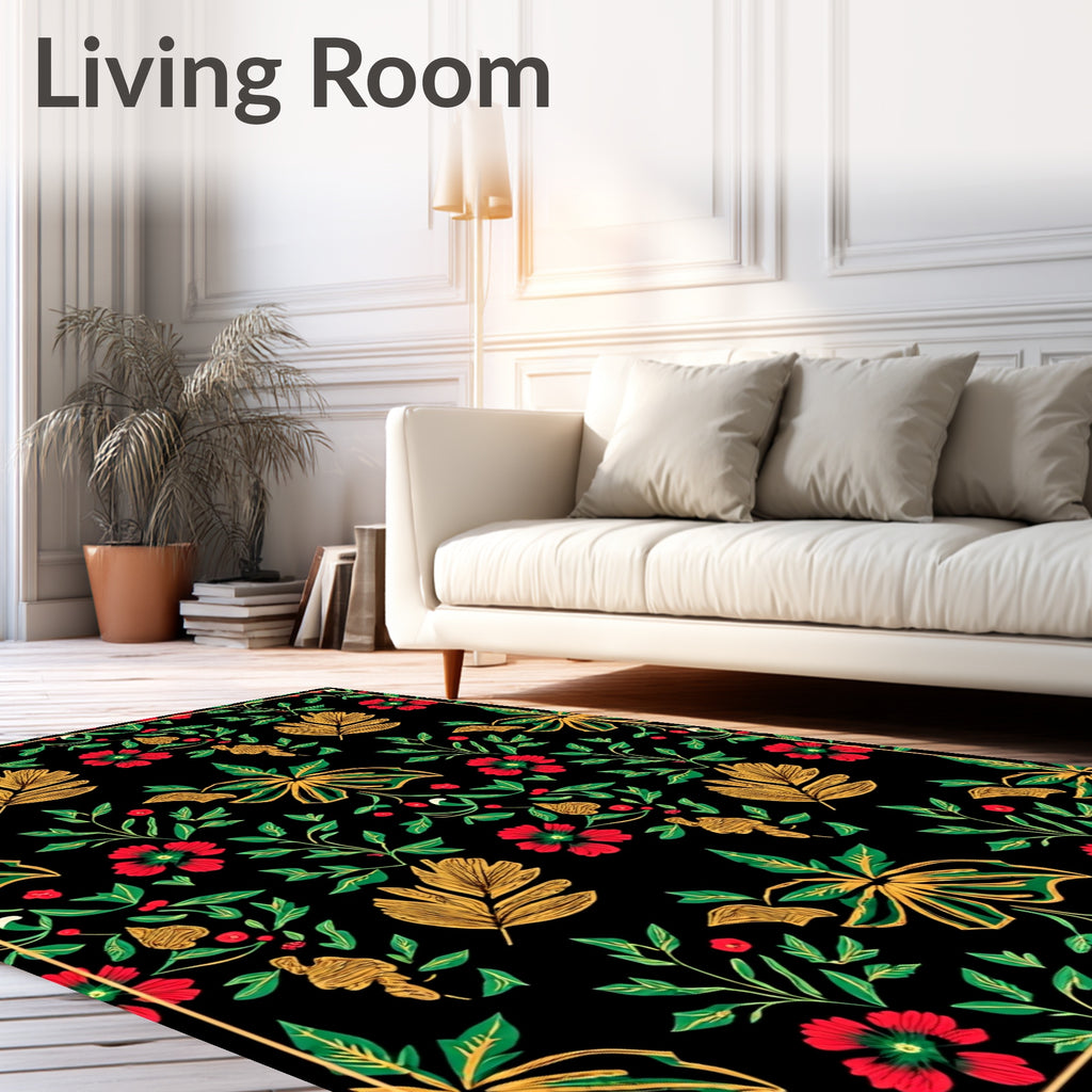 Black Floral Vine Red Flower Garden Rug
