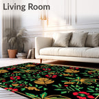 Black Floral Vine Red Flower Garden Rug