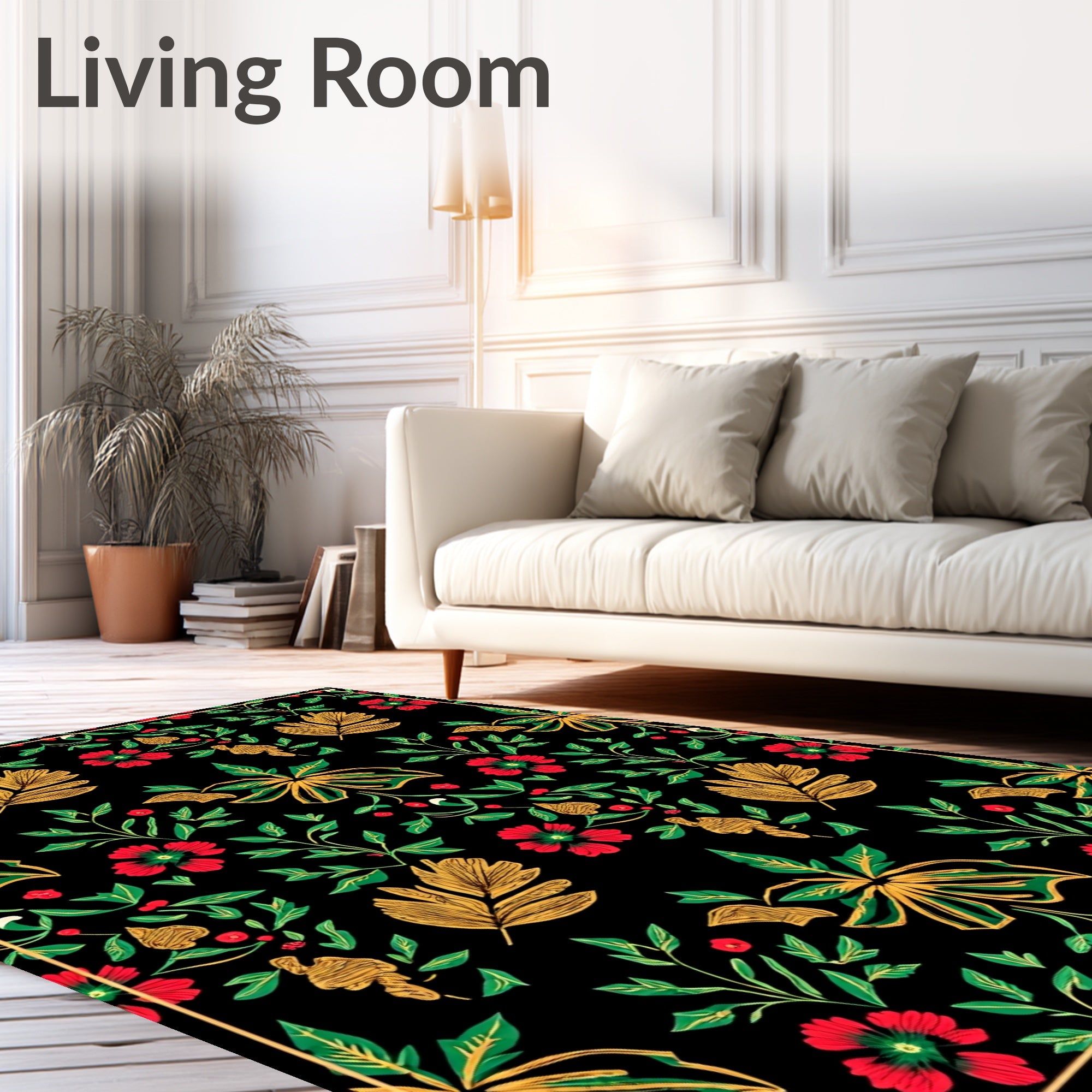Black Floral Vine Red Flower Garden Rug
