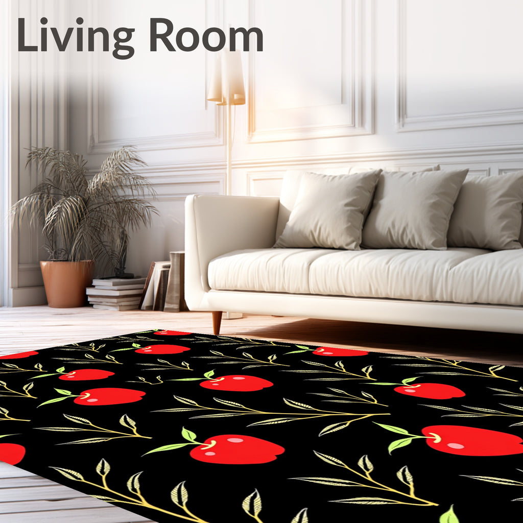 Red Apples and Golden Branches on Black Rug