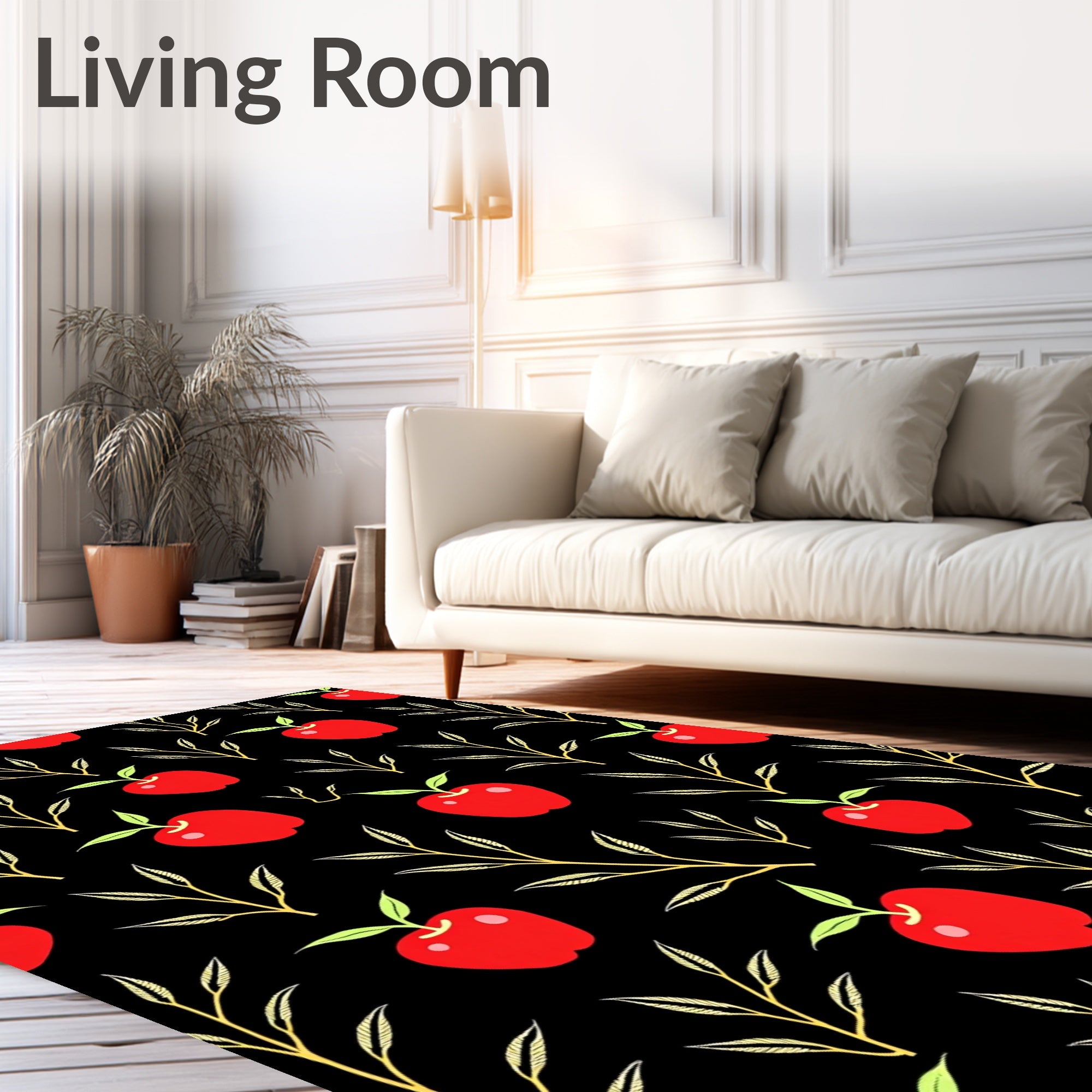 Red Apples and Golden Branches on Black Rug