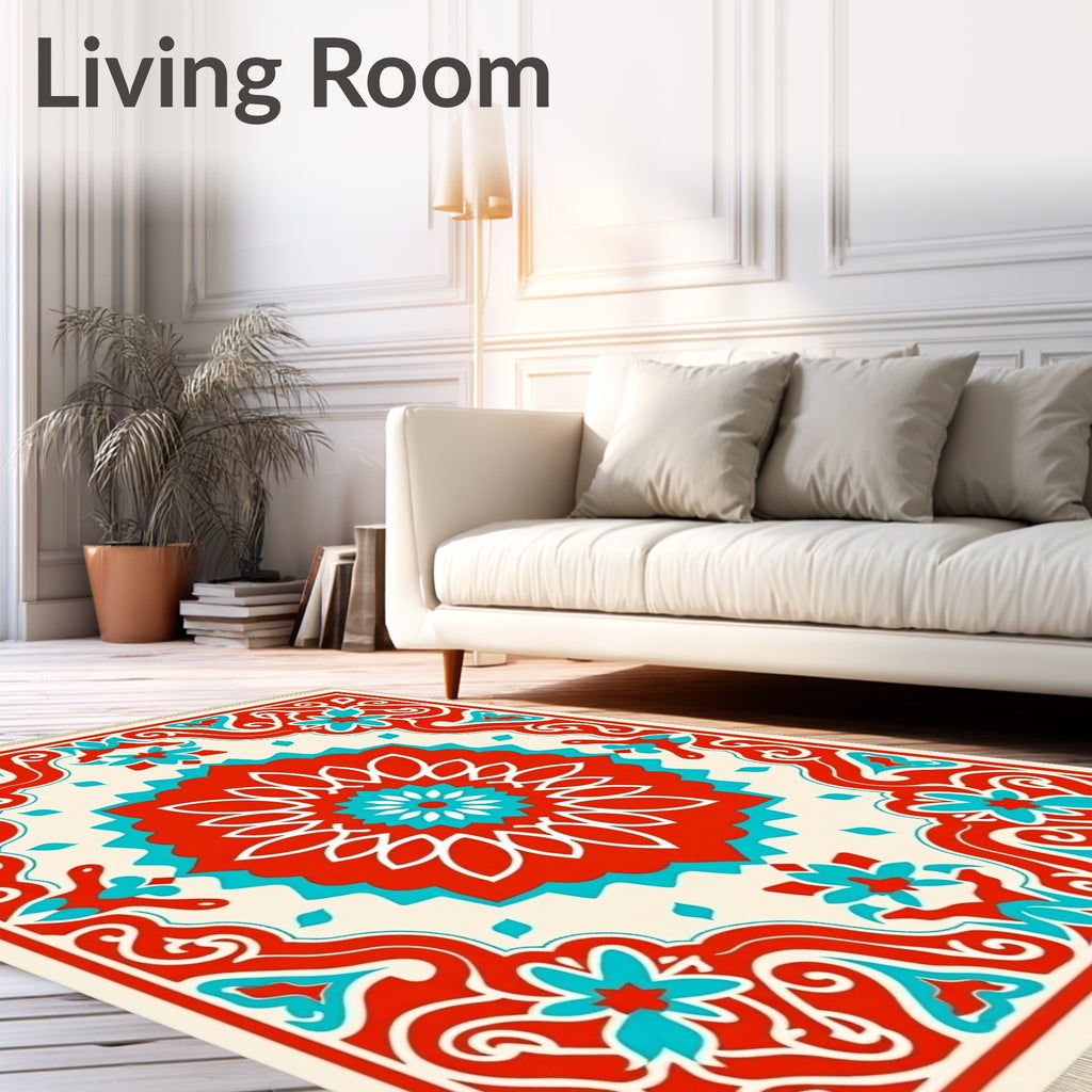 Red Teal Floral Medallion Border Rug