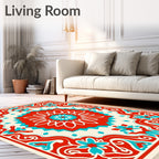 Red Teal Floral Medallion Border Rug
