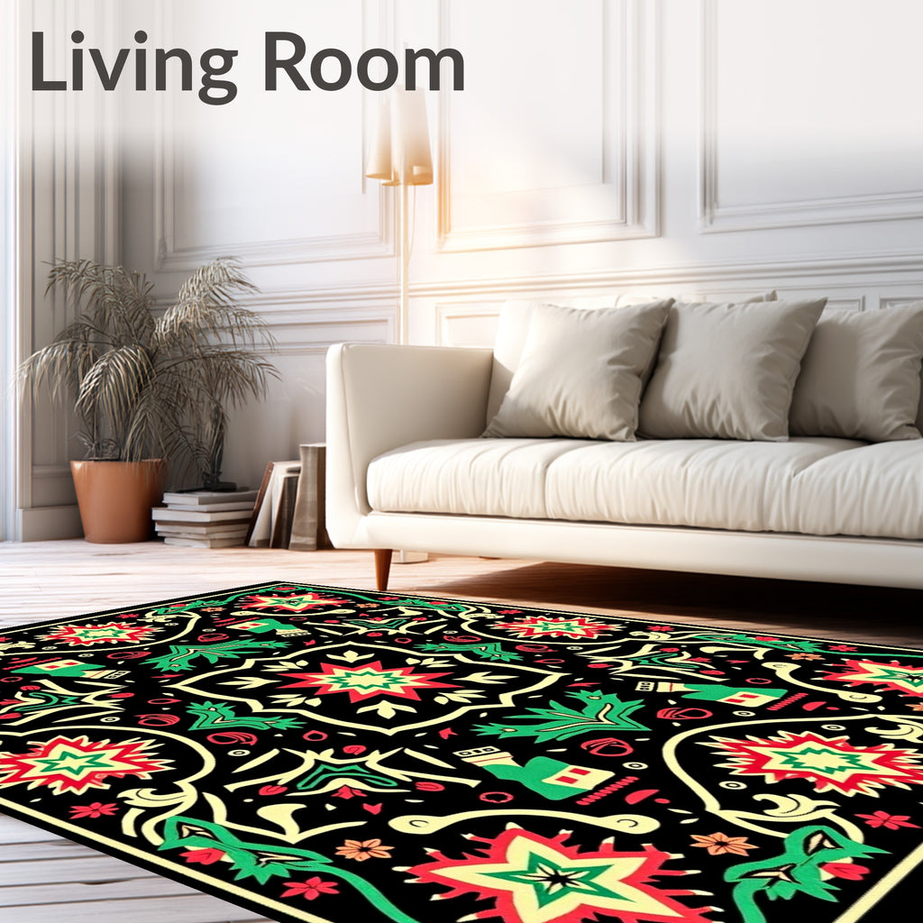 Vibrant Red Green Starburst Floral Rug