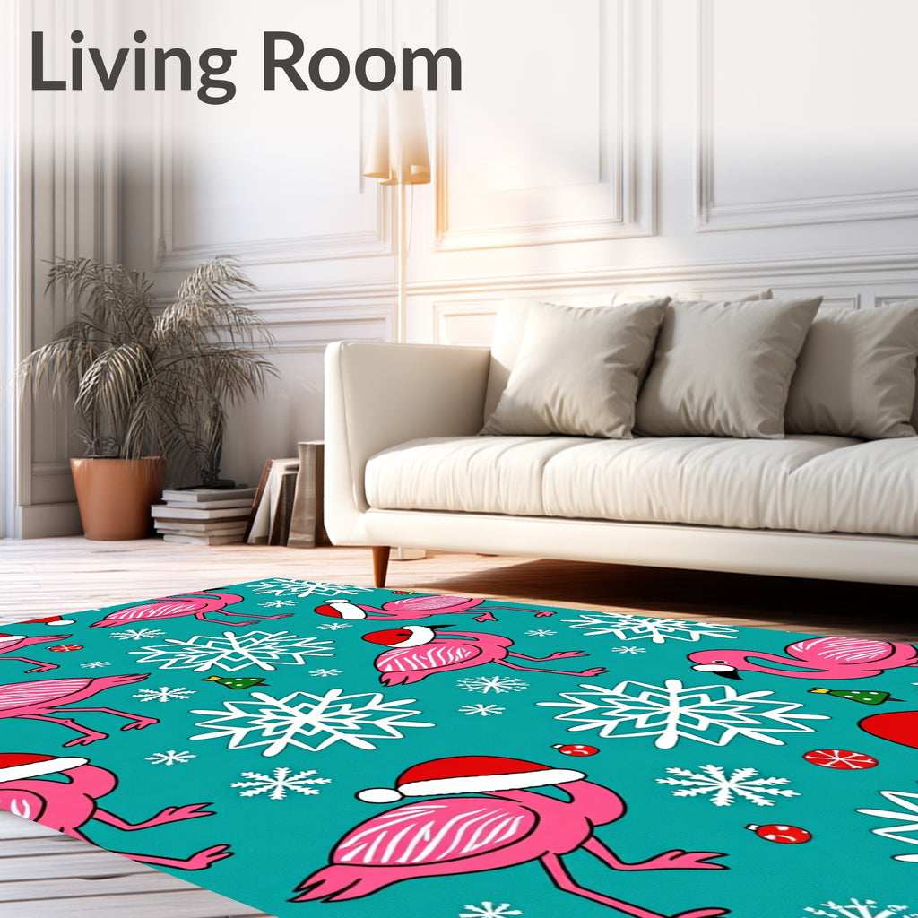 Pink Flamingo Santa Hat Snowflakes Holiday Rug