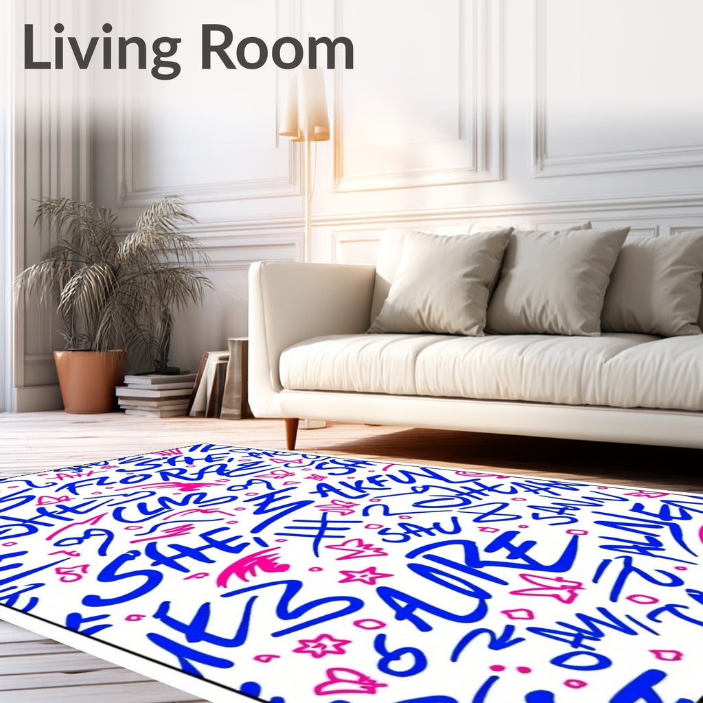 Blue And Pink Graffiti Text Rug