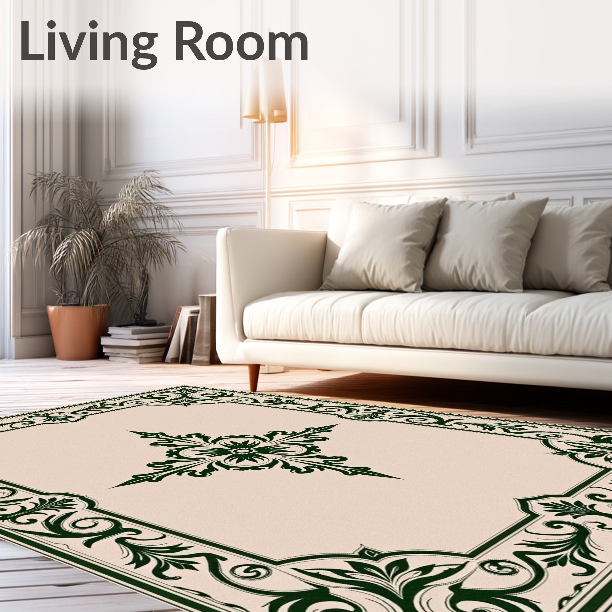 Dark Green Vintage Floral Border Rug