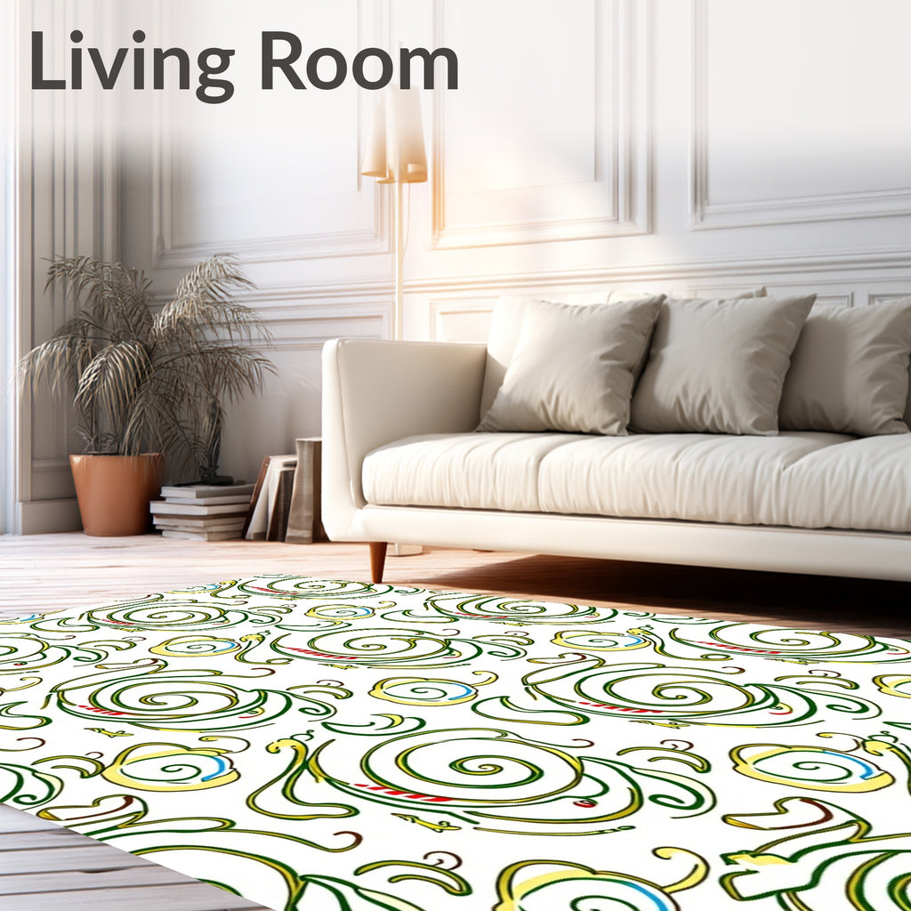 Whimsical Green Swirl Yellow Flower Rug