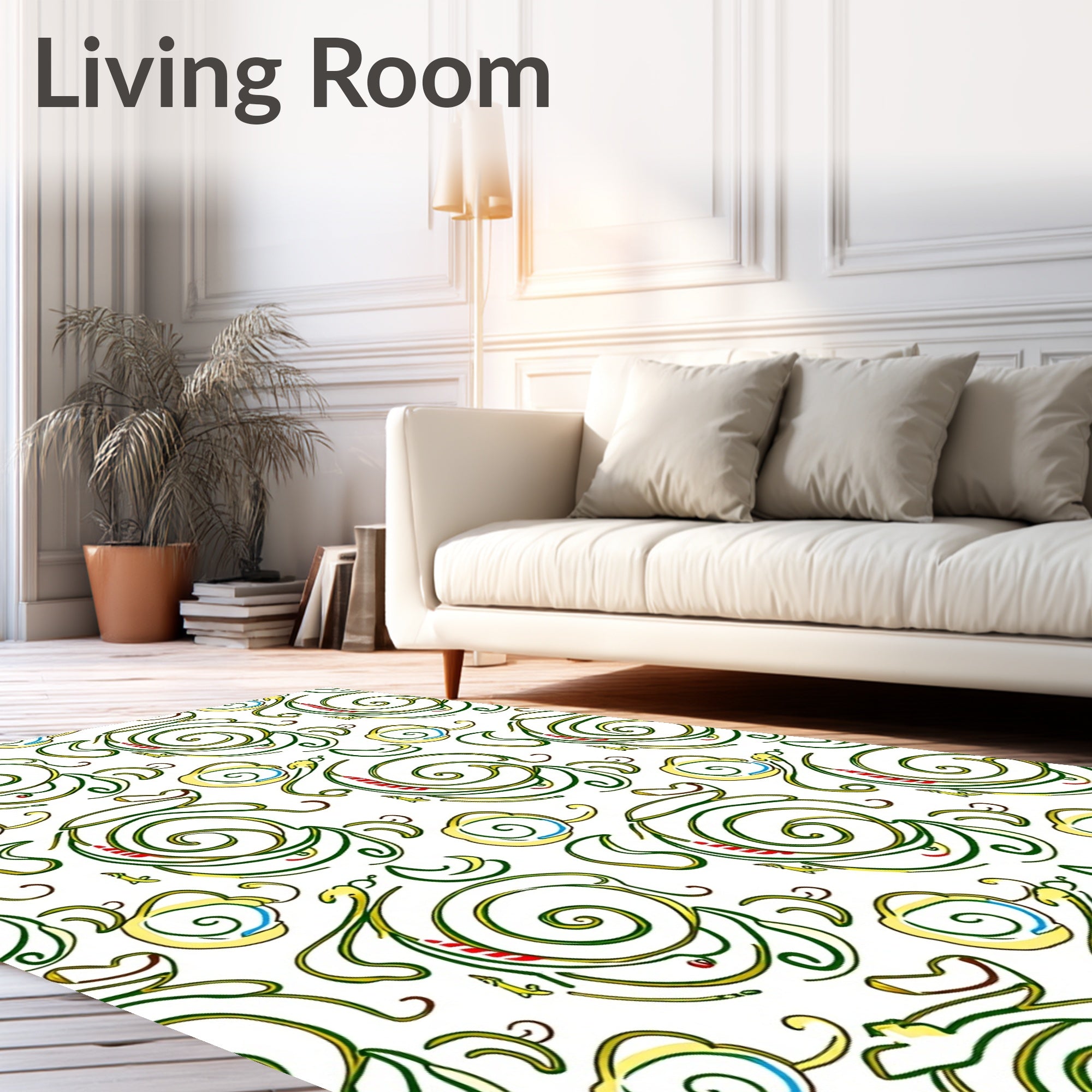 Whimsical Green Swirl Yellow Flower Rug