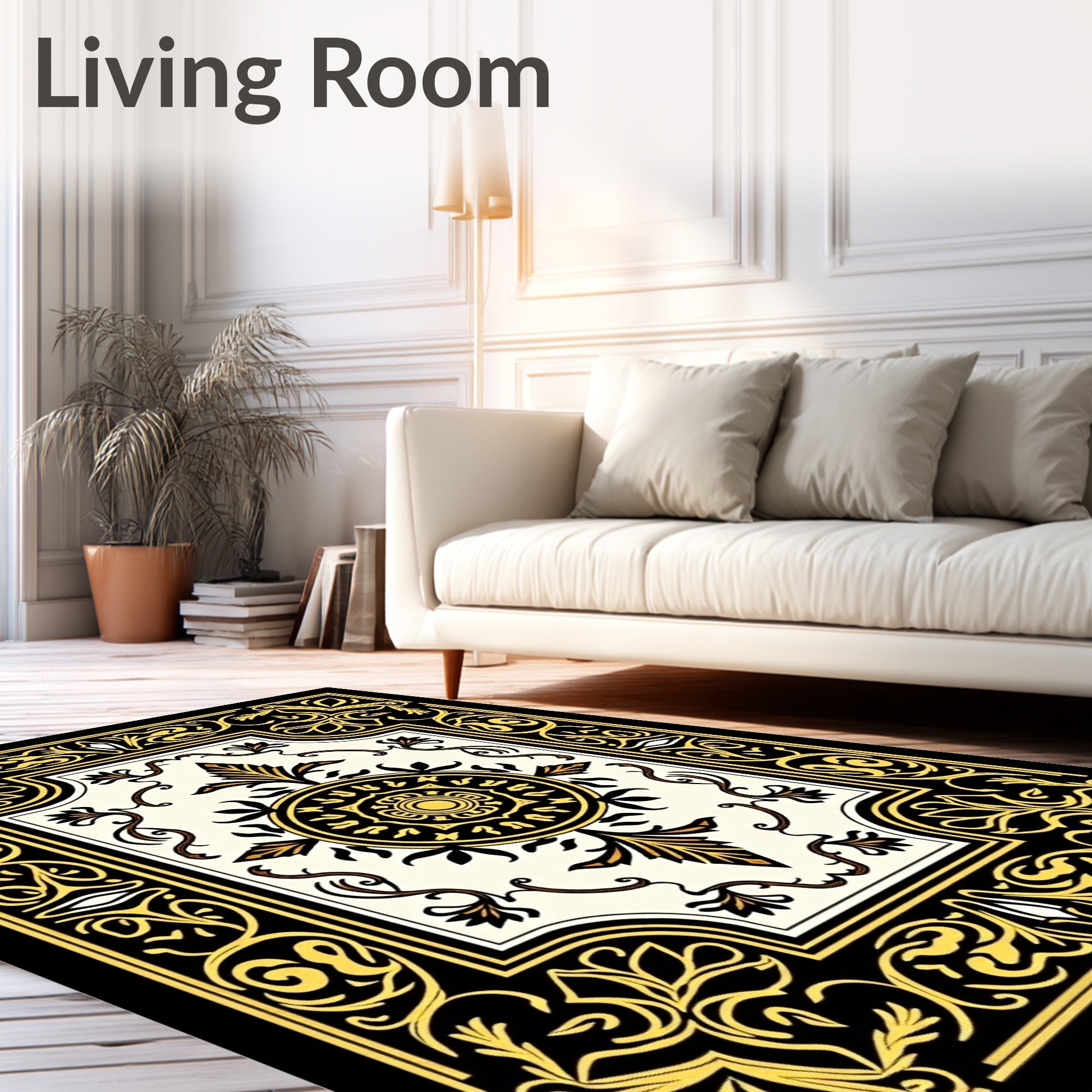 Ornate Black and Gold Floral Medallion Rug