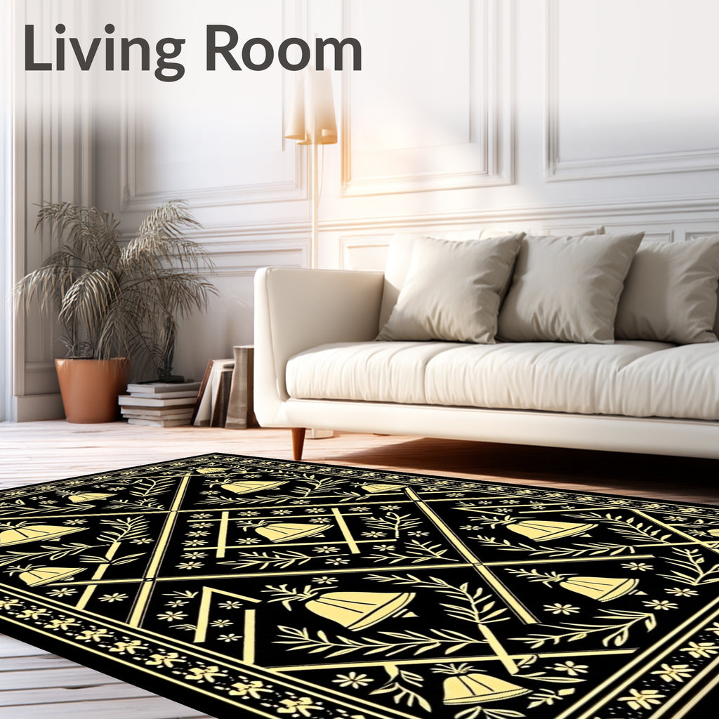 Black and Gold Bell Floral Lattice Rug
