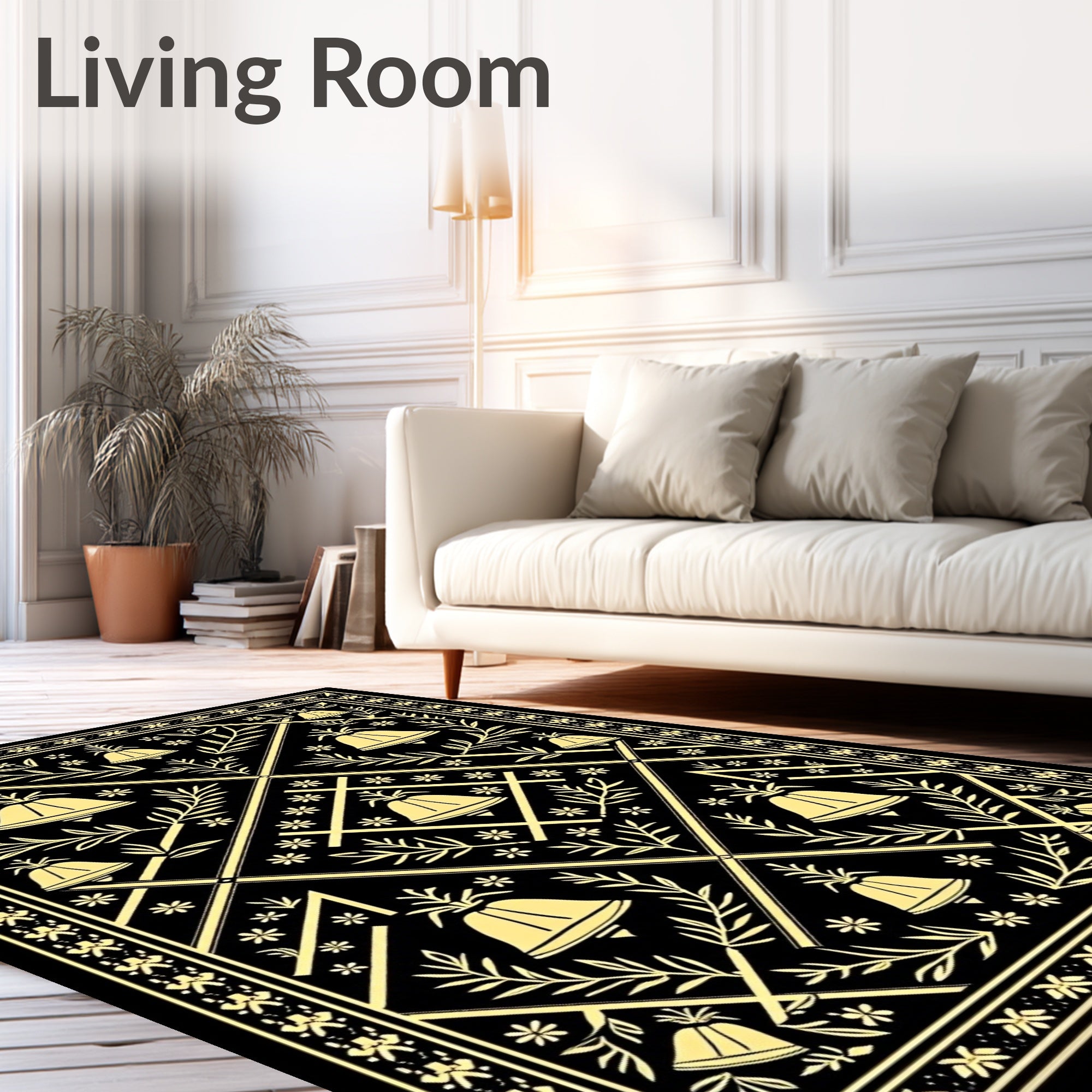 Black and Gold Bell Floral Lattice Rug