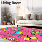 Bright Pink Butterfly Floral Collage Rug