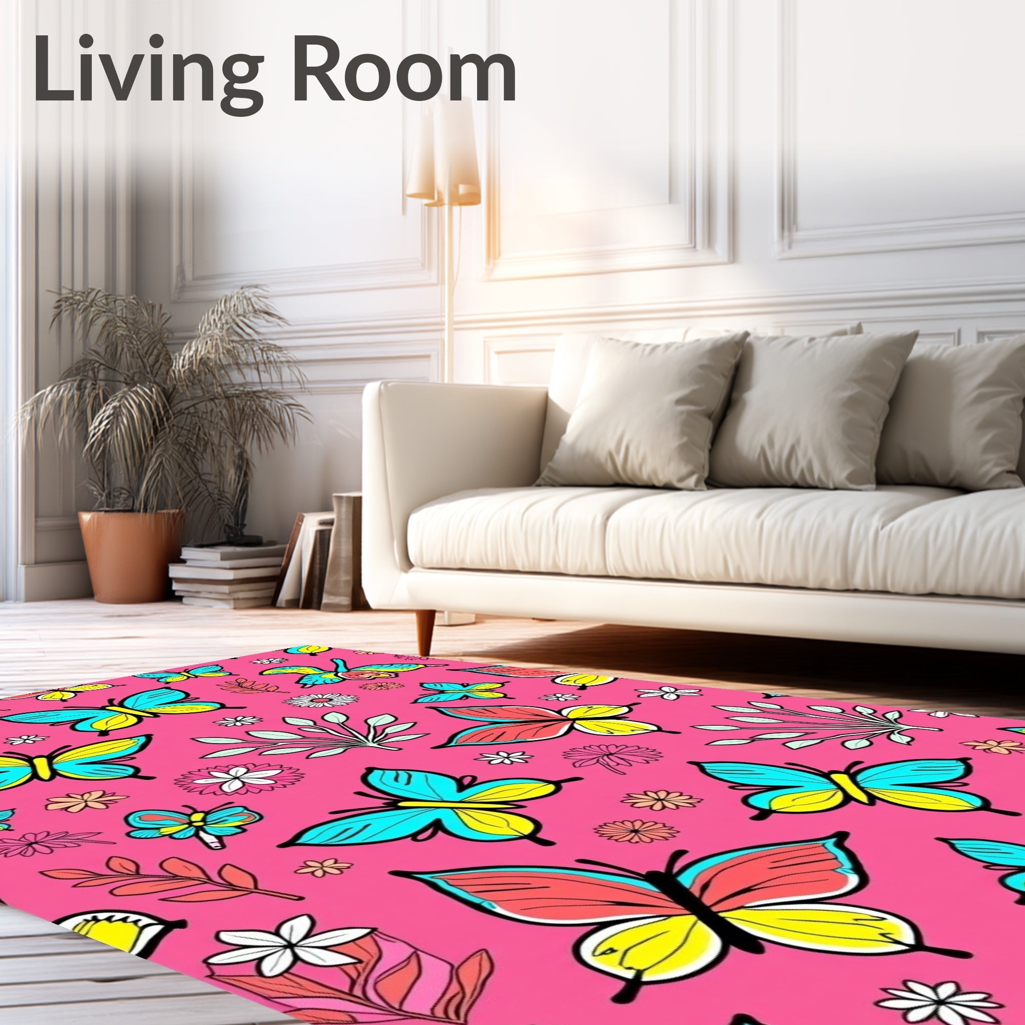 Bright Pink Butterfly Floral Collage Rug