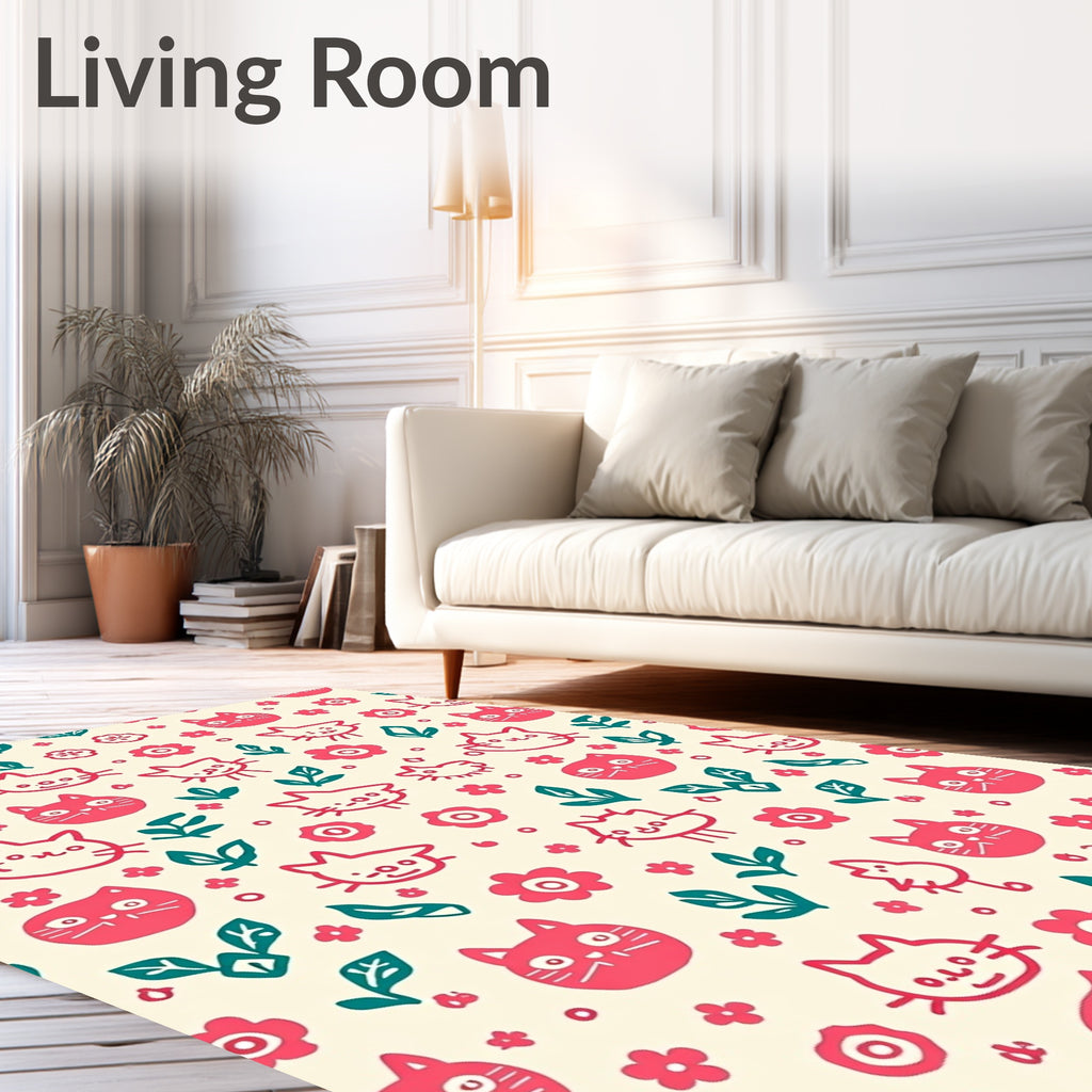 Whimsical Pink Cat Floral Medley Rug