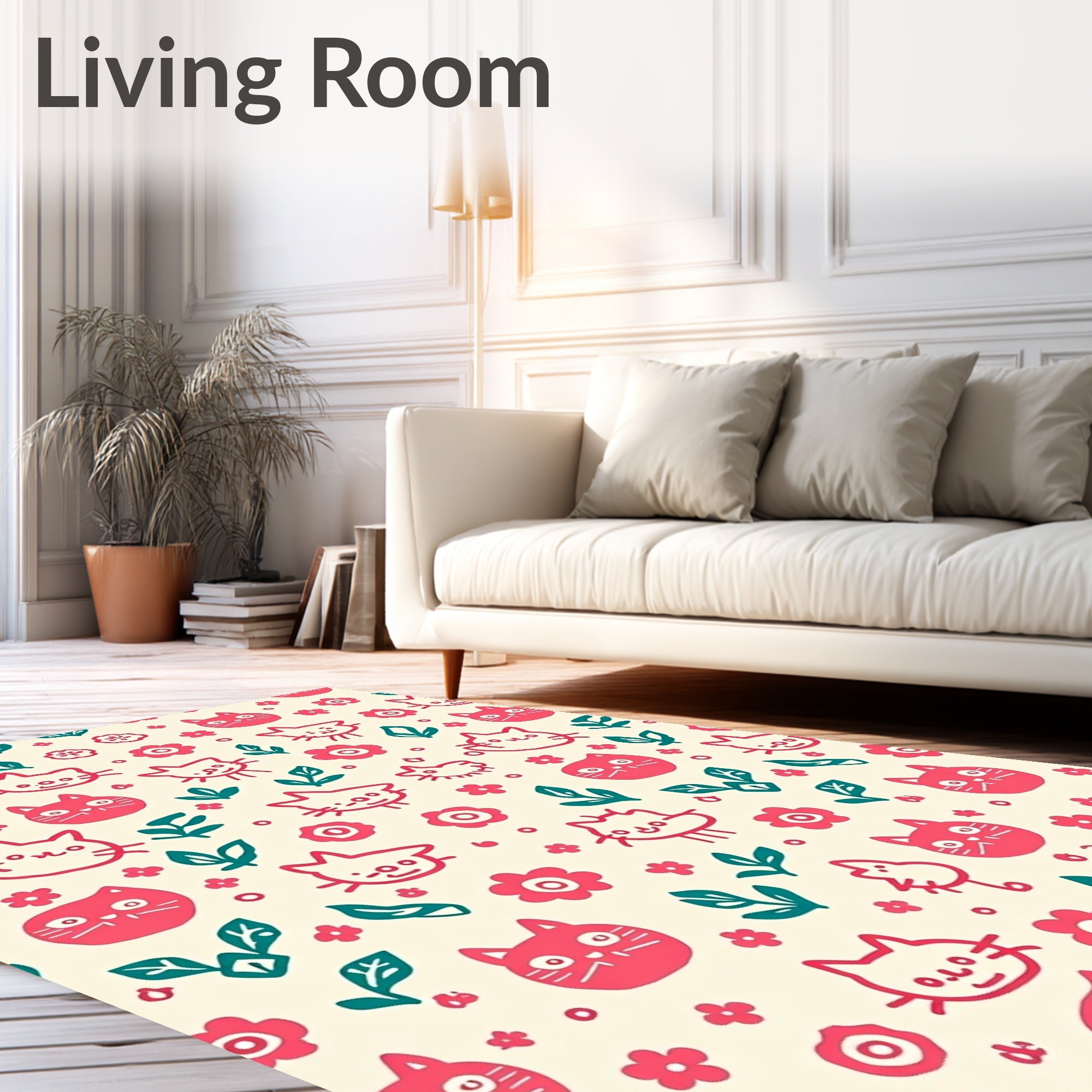 Whimsical Pink Cat Floral Medley Rug
