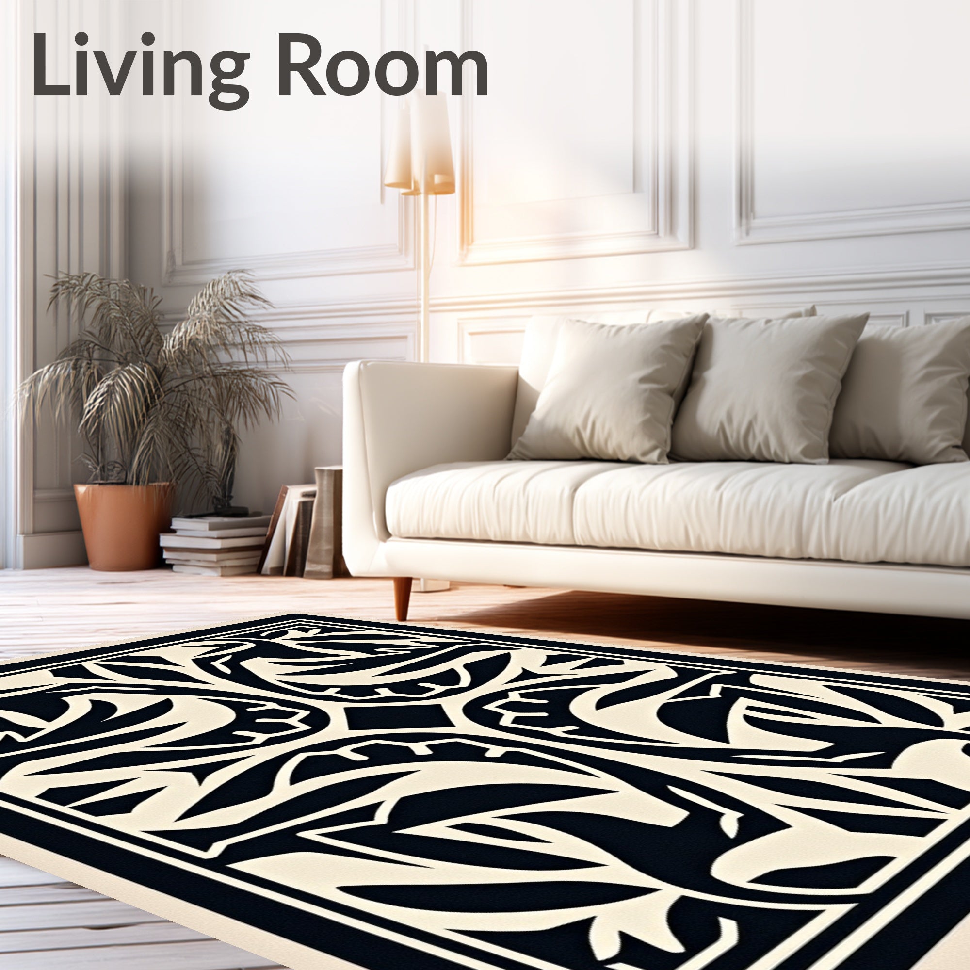 Classic Black and Cream Botanical Inlay Rug