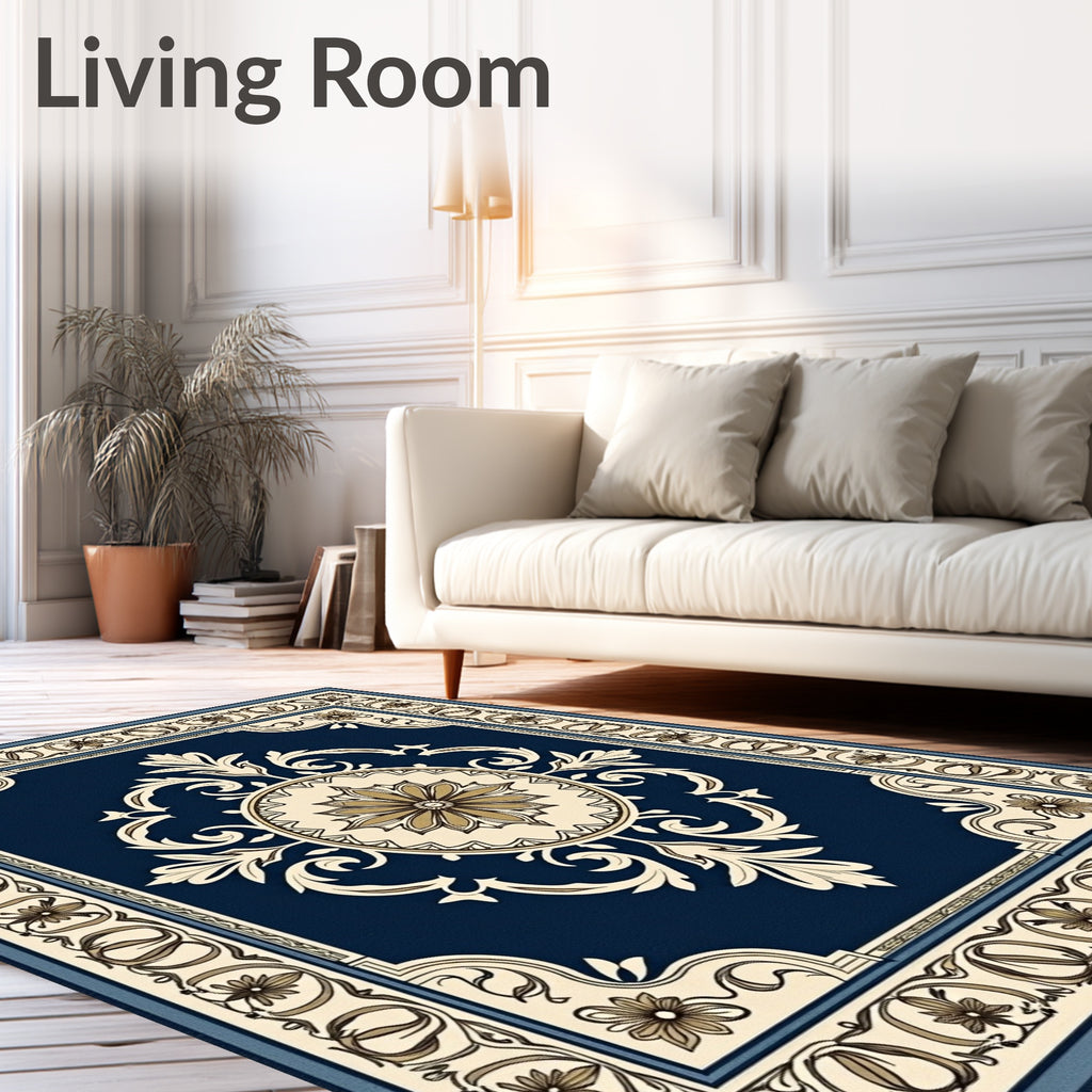 Vibrant Navy Floral Medallion Border Rug