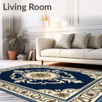Vibrant Navy Floral Medallion Border Rug