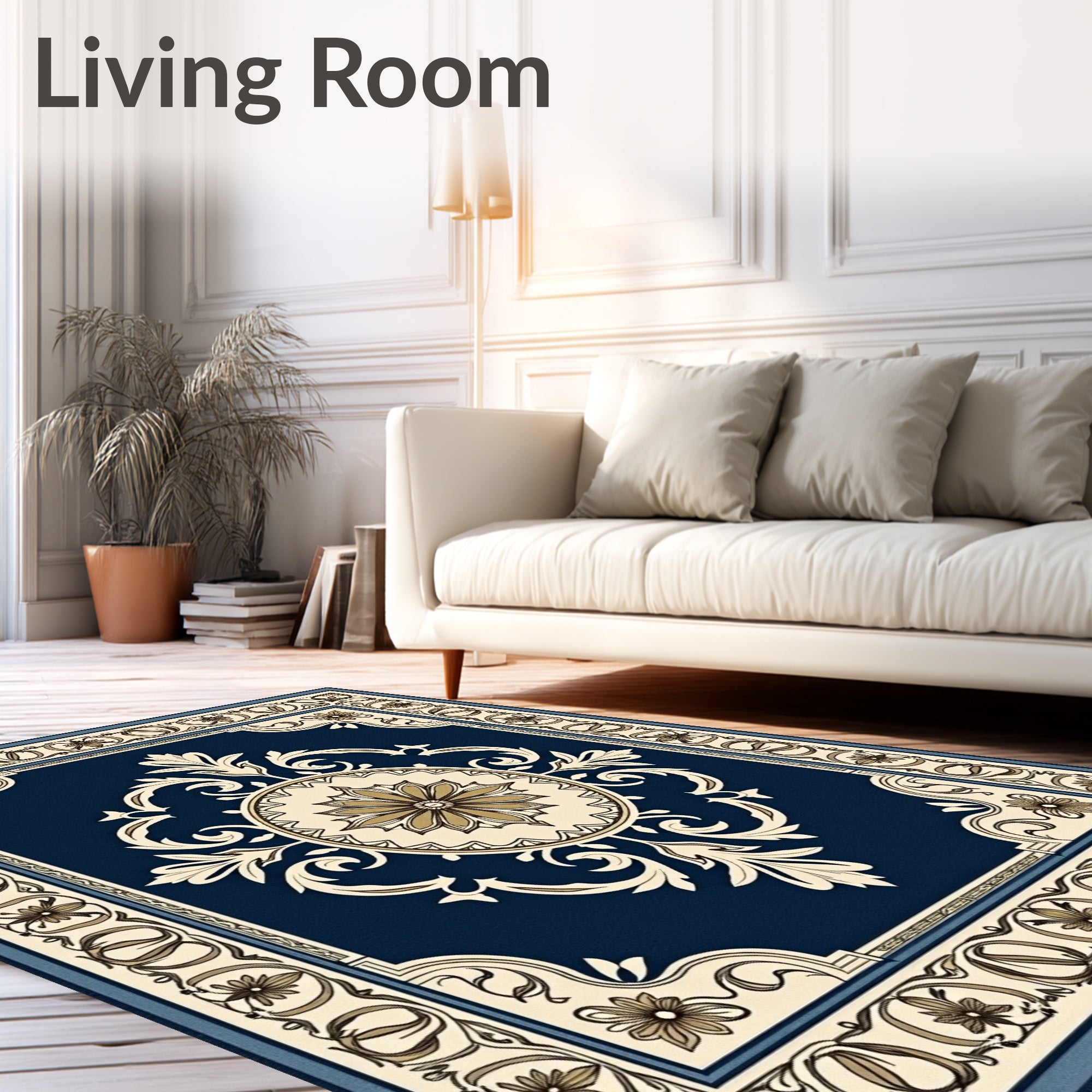 Vibrant Navy Floral Medallion Border Rug