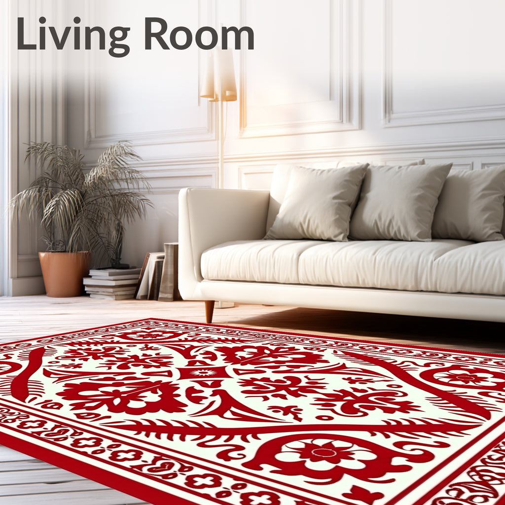 Deep Red Floral Symmetry Area Rug